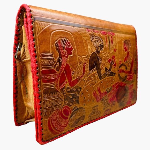 Vintage Hand-tooled Brown Leather Cluth Bag With Tribal Ladies Design - Picture 3 of 11